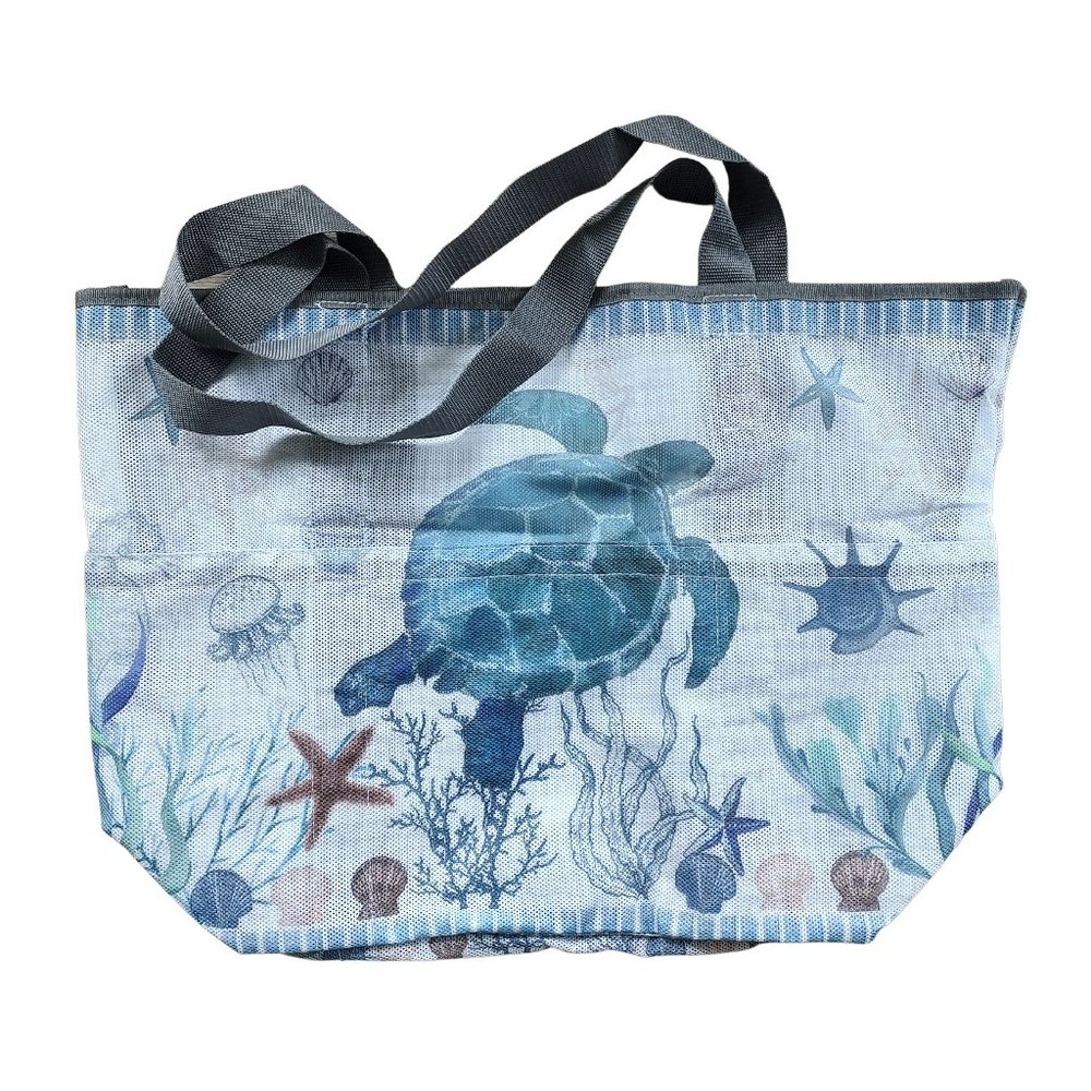 Large Sea Turtle Patterned 7 Pocket Mesh Sand-Proof Beach Bag